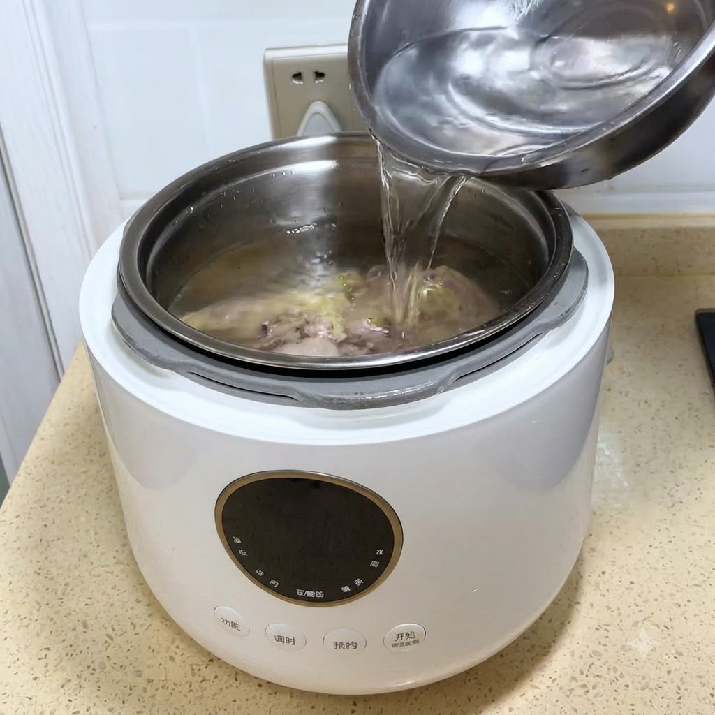 Water being poured from a steel bowl into a white electric pressure cooker containing blanched chicken.