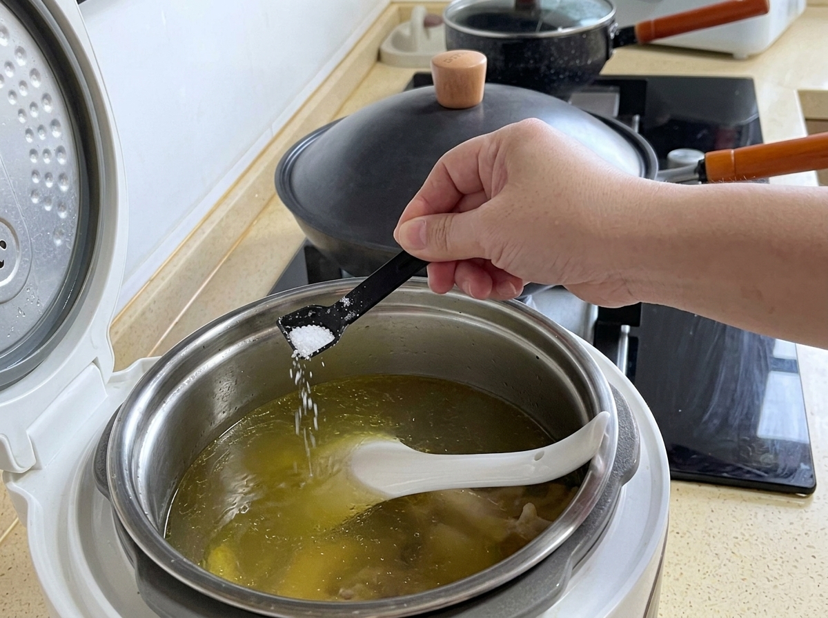 A small black measuring spoon adding salt into a steaming pot of cooked chicken soup.