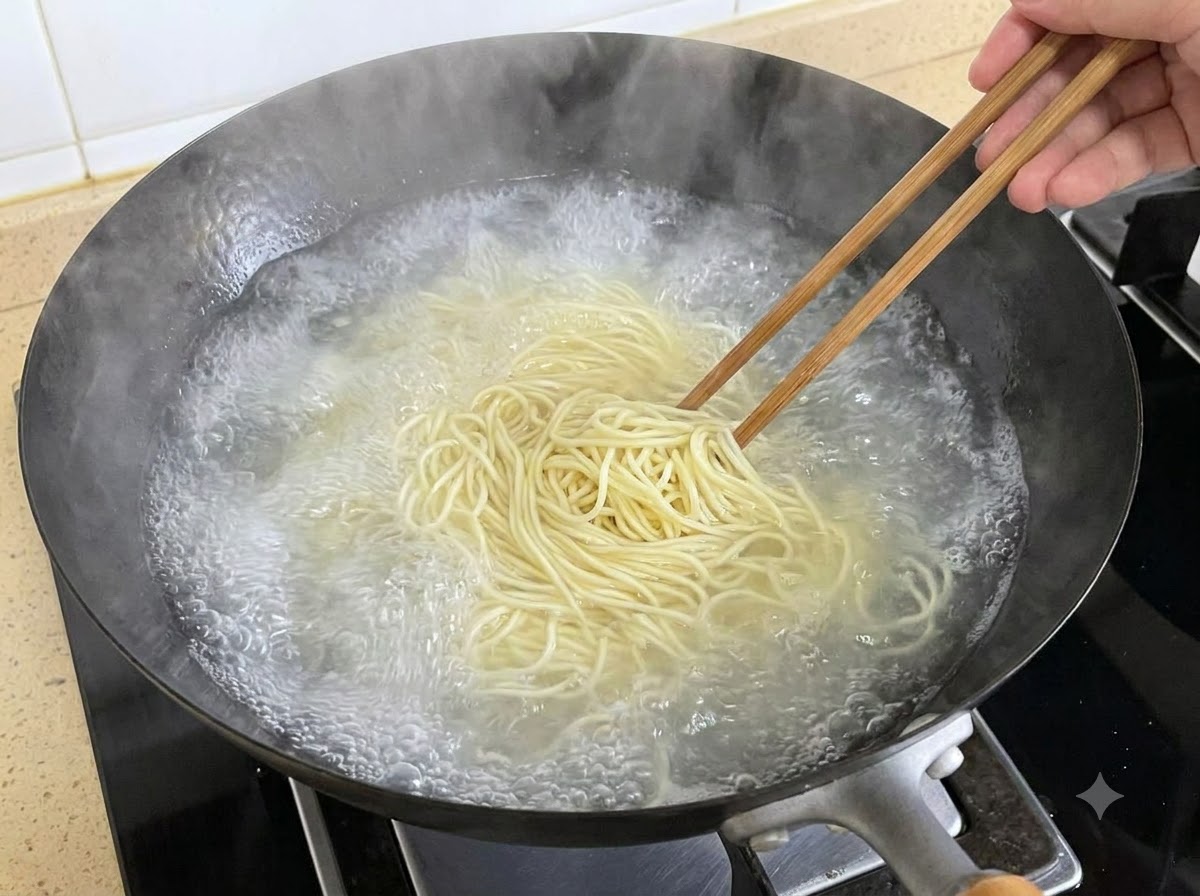 Wooden chopsticks stirring thin noodles boiling in a large black wok filled with bubbling water.