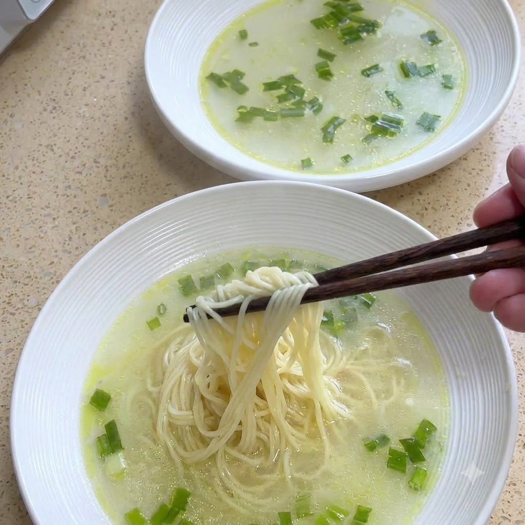 Chopsticks lifting cooked noodles and placing them into a bowl of chicken broth.