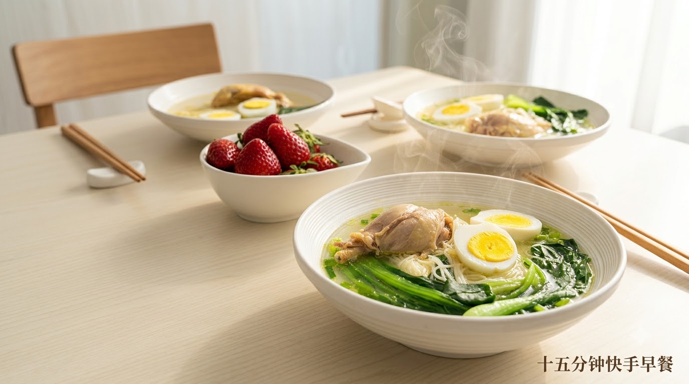 Three bowls of steaming chicken noodle soup with boiled egg halves and bok choy on a white table, next to a bowl of strawberries.