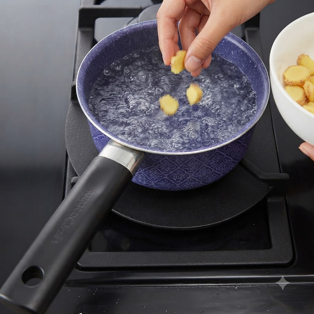 Fresh ginger slices being dropped into a pot of purple boiling water on a stovetop.