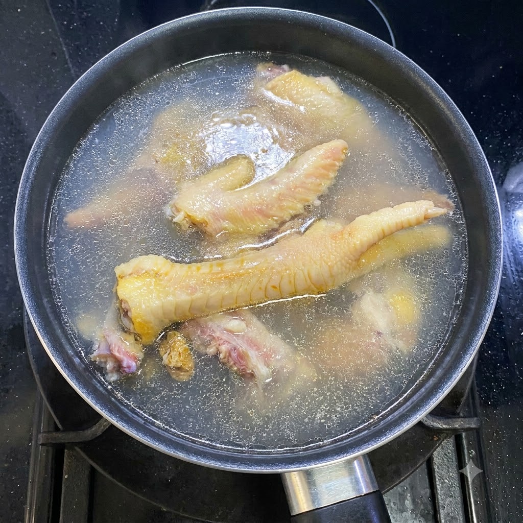 Chicken and ginger boiling together in a pot of water on a stovetop burner.