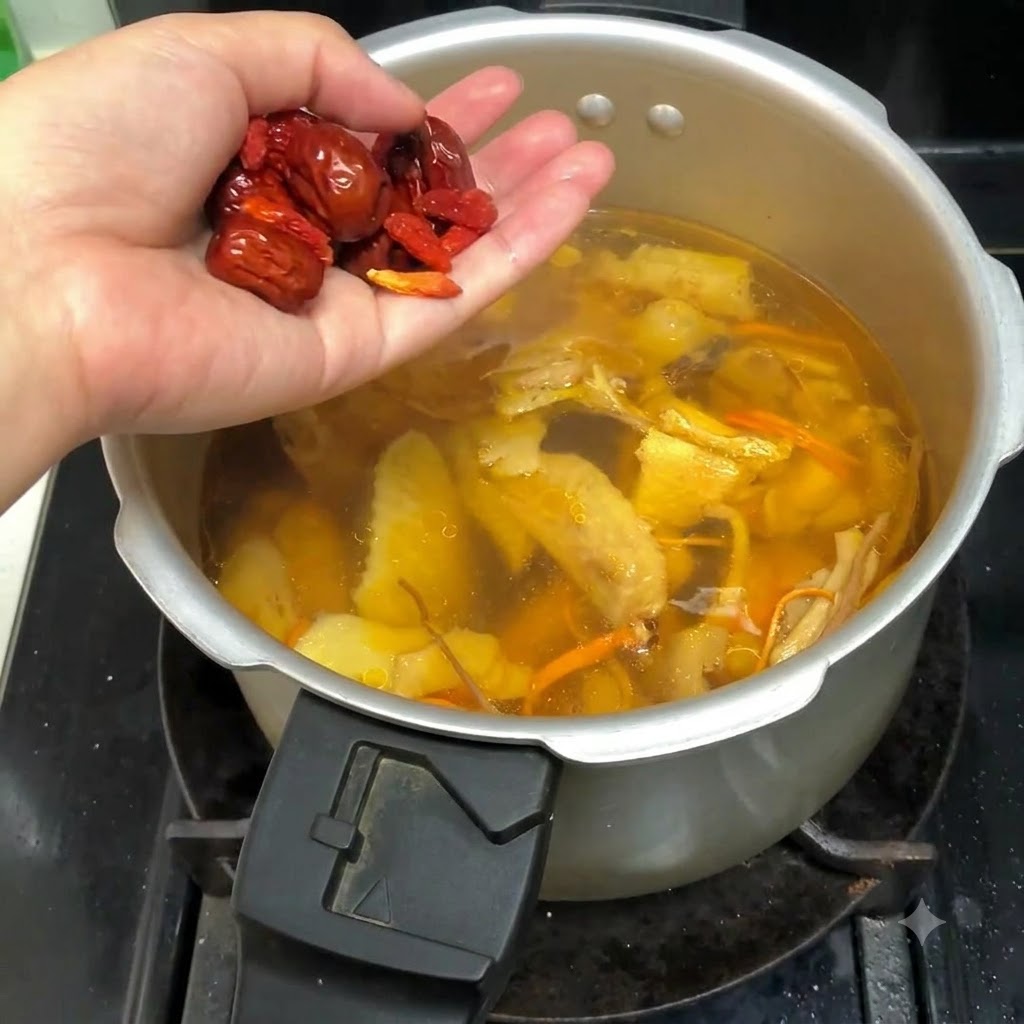 A handful of red dates and goji berries being added into the pressure cooker with chicken broth.