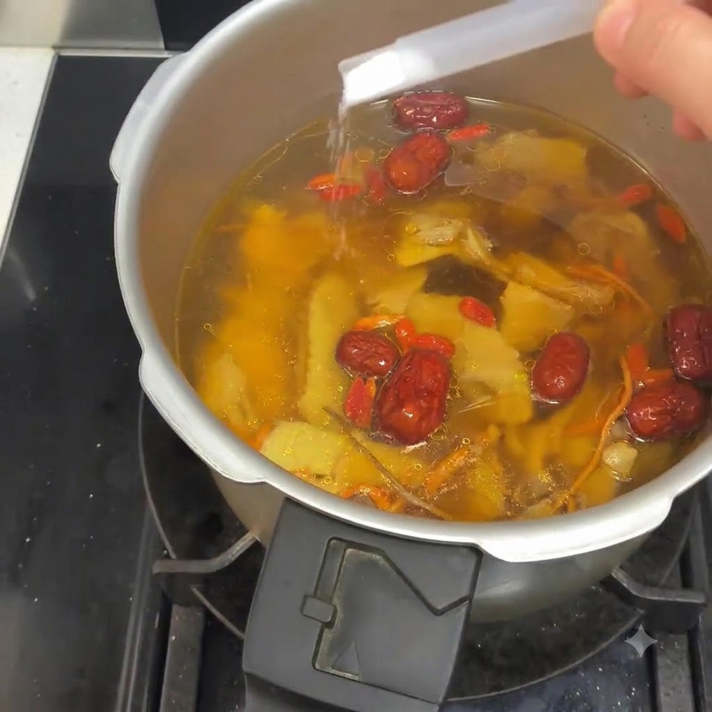 Pinch of salt being sprinkled into the simmering chicken soup inside the pot.