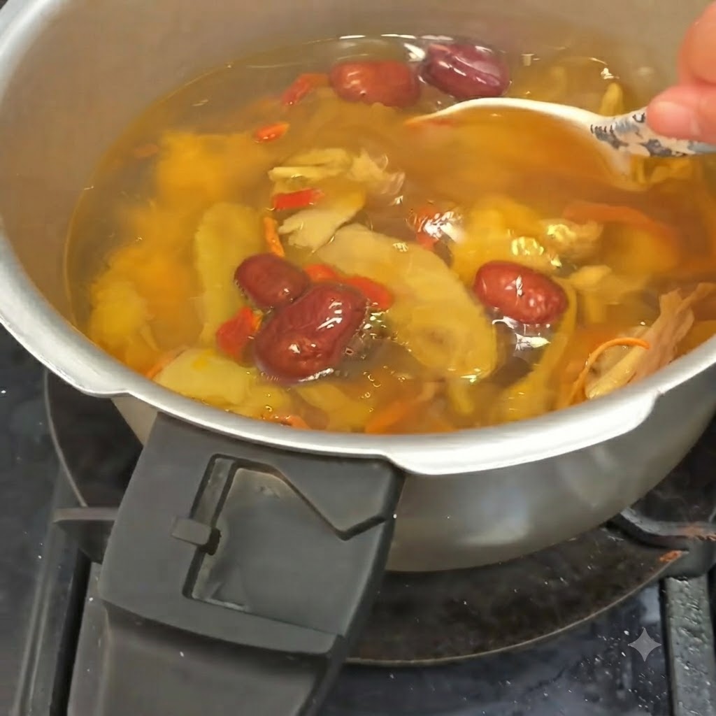 A white ladle stirring the bubbling chicken soup filled with mushrooms, dates, and herbs.