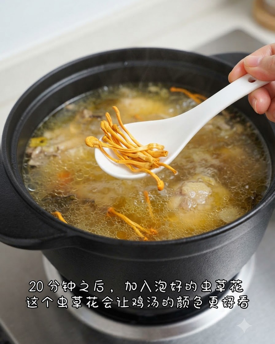 A white spoon holding orange cordyceps flowers being lowered over a bubbling pot of chicken soup.