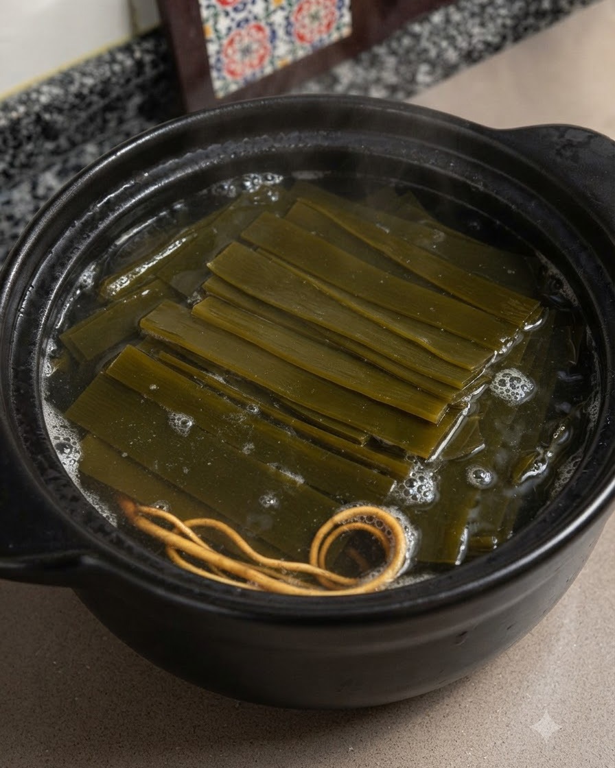 A ladle stirring the hot broth containing sliced kelp, cordyceps flowers, and chicken inside the clay pot.