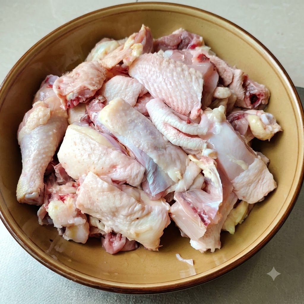 Chopped raw chicken pieces arranged inside a brown bowl.