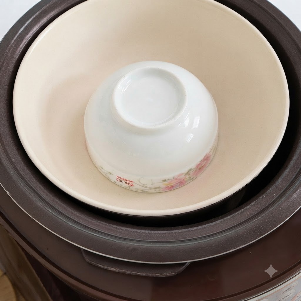 A small white bowl placed upside down in the center of a steaming pot.