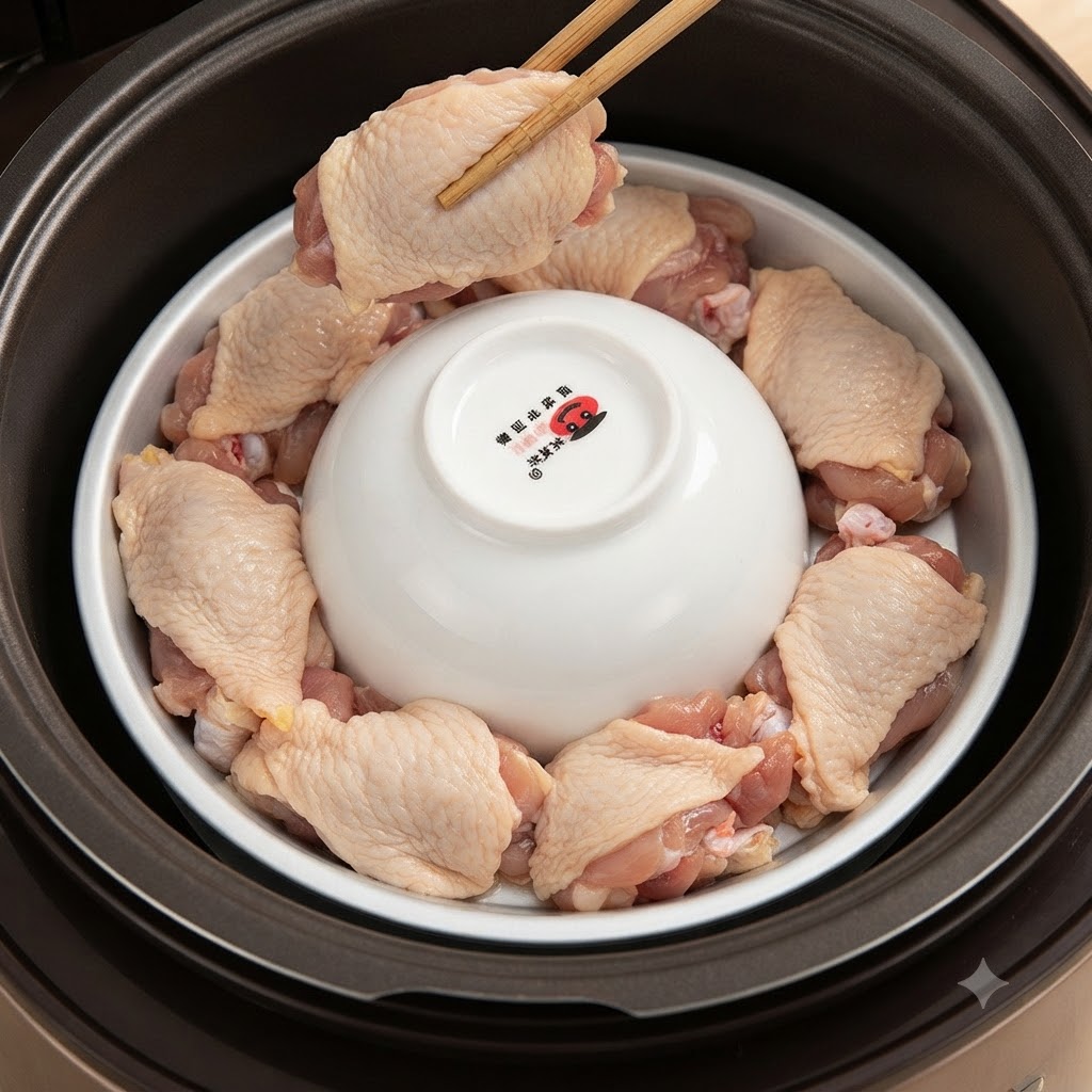 Chicken pieces being arranged using chopsticks around the inverted bowl inside the pot.