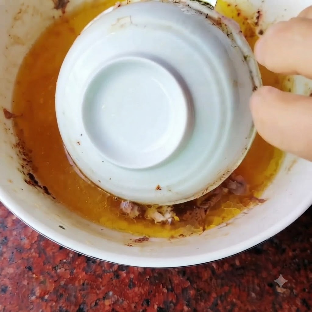 An inverted white bowl being lifted out of a larger bowl, releasing golden chicken essence into the surrounding liquid.