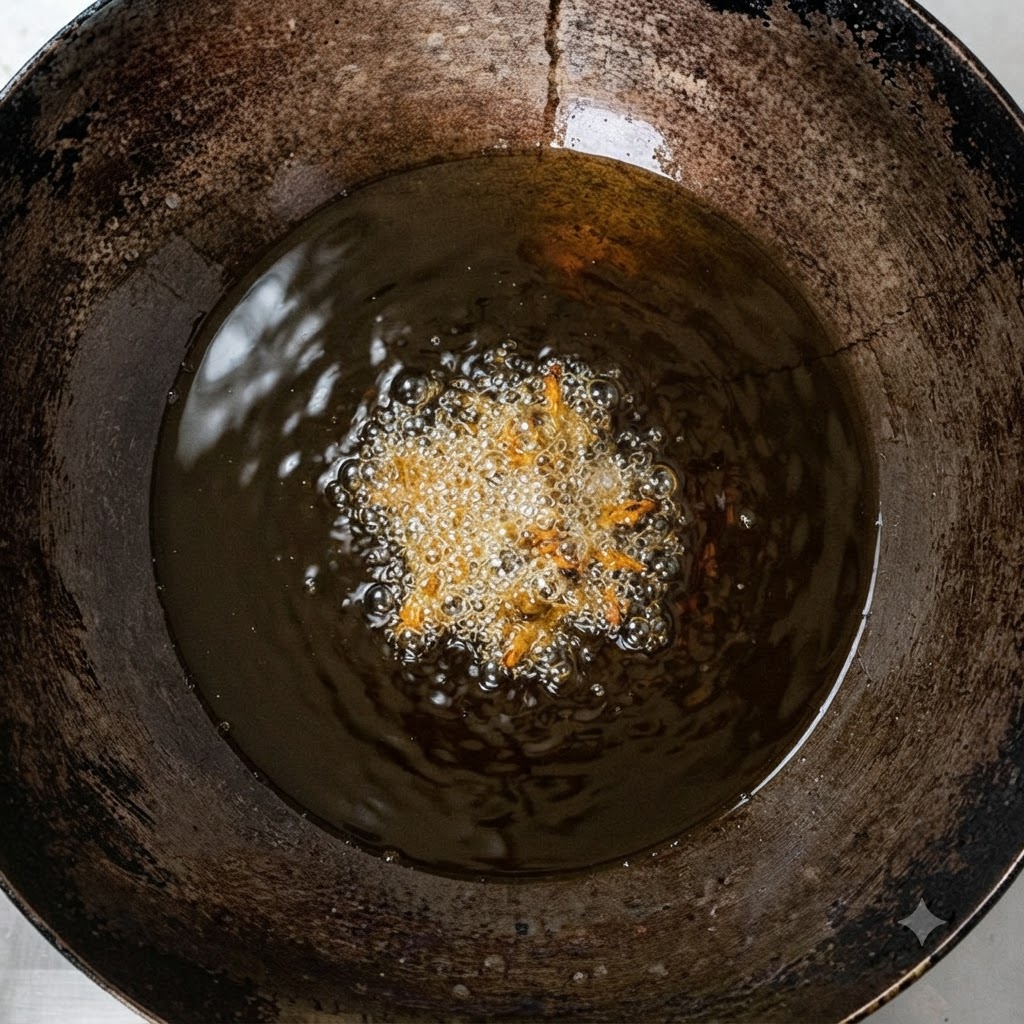 Ginger slices sizzling and frying in hot oil inside a wok.