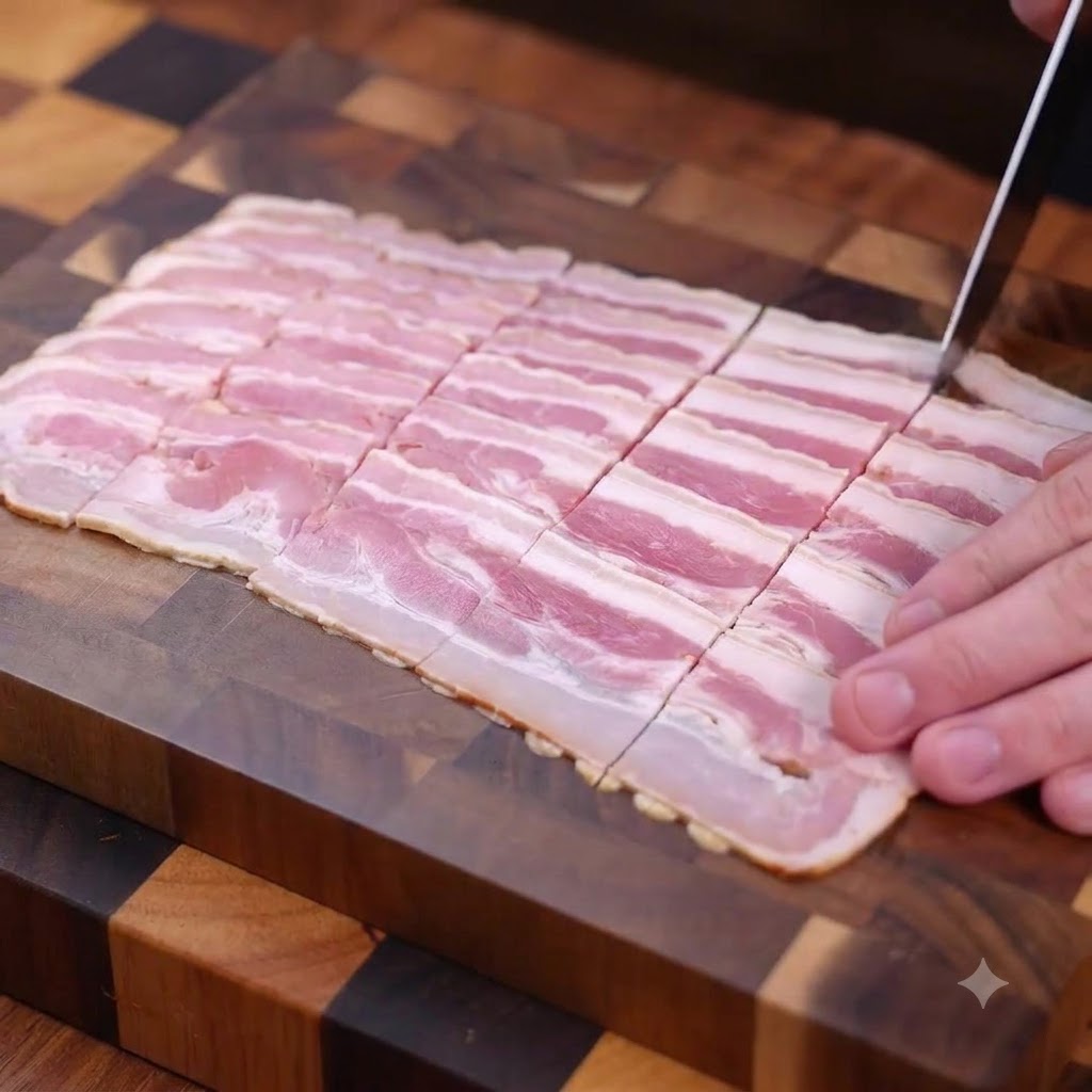 Slicing raw smoked bacon into small pieces on a wooden cutting board.