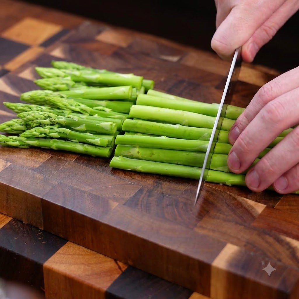 Chopping green asparagus stalks into small sections with a knife.