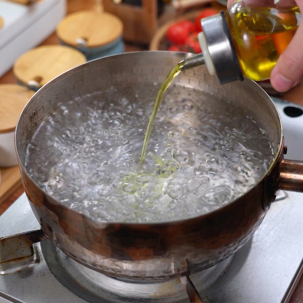 Pouring cooking oil into a pot of rapidly boiling water.