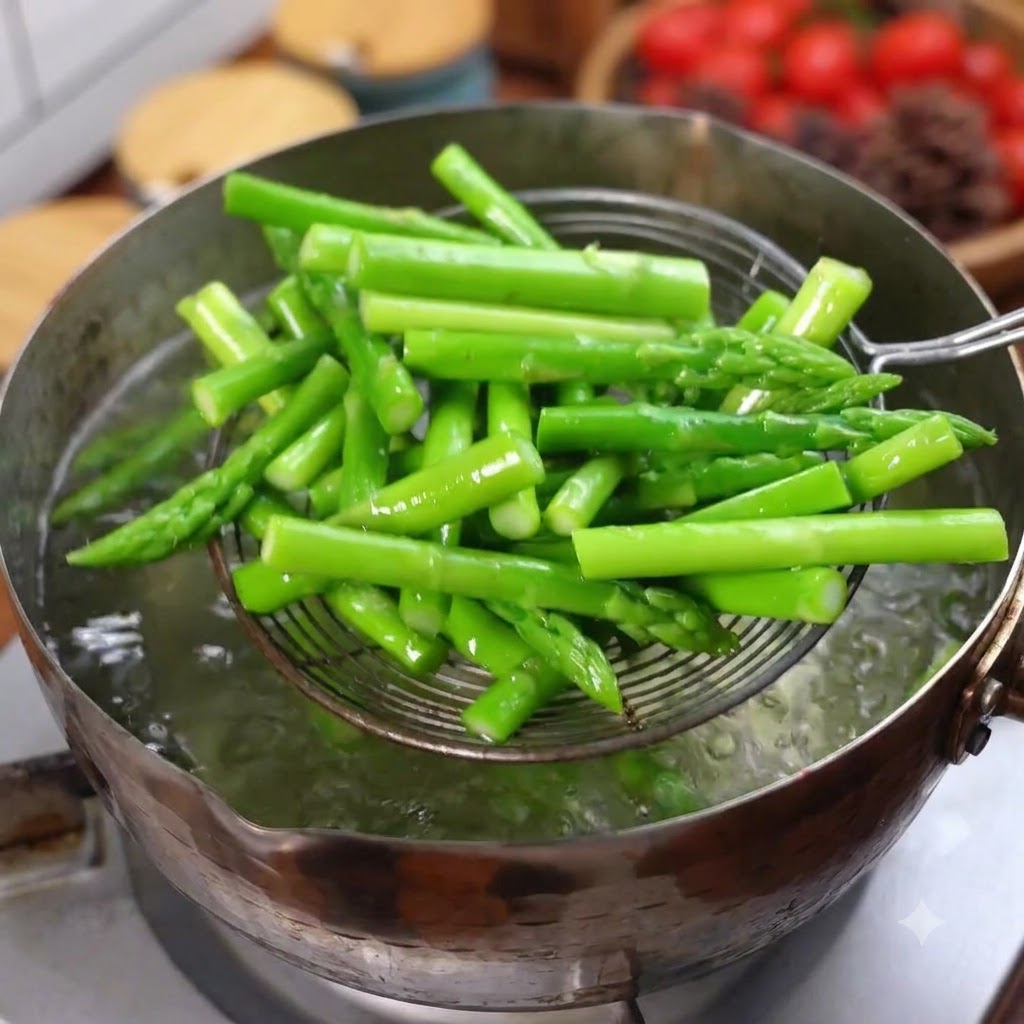 Lifting bright green blanched asparagus from boiling water using a wire skimmer.