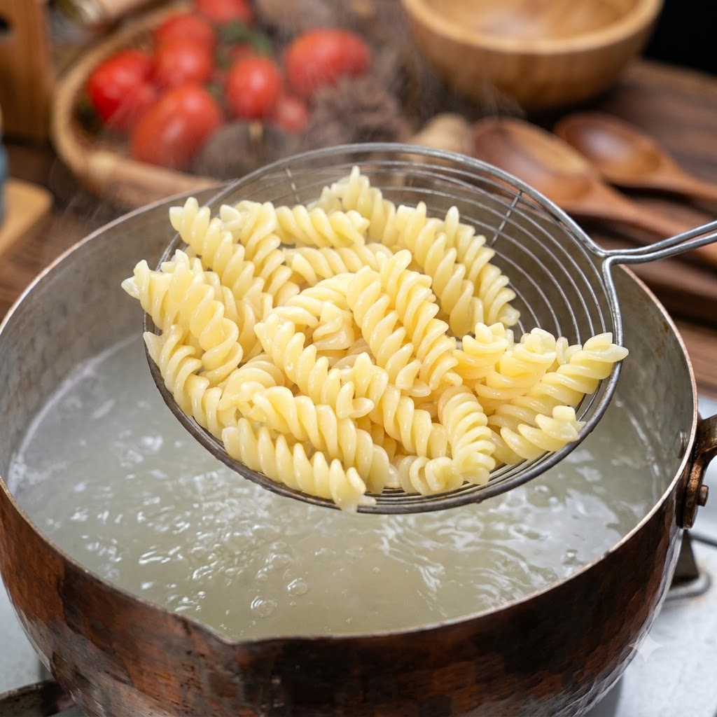 Cooked spiral pasta being lifted out of boiling water with a wire skimmer.