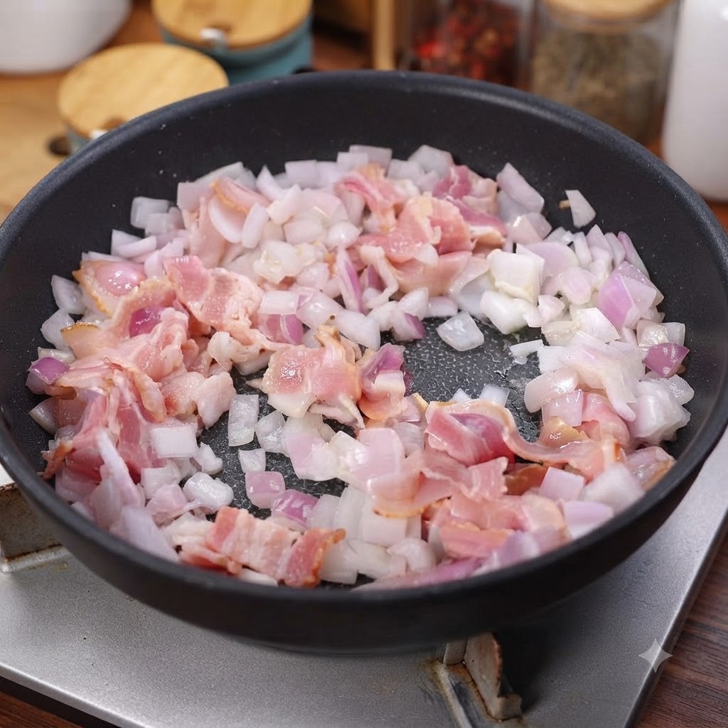 Slices of smoked bacon and diced onions cooking together in a non-stick skillet.