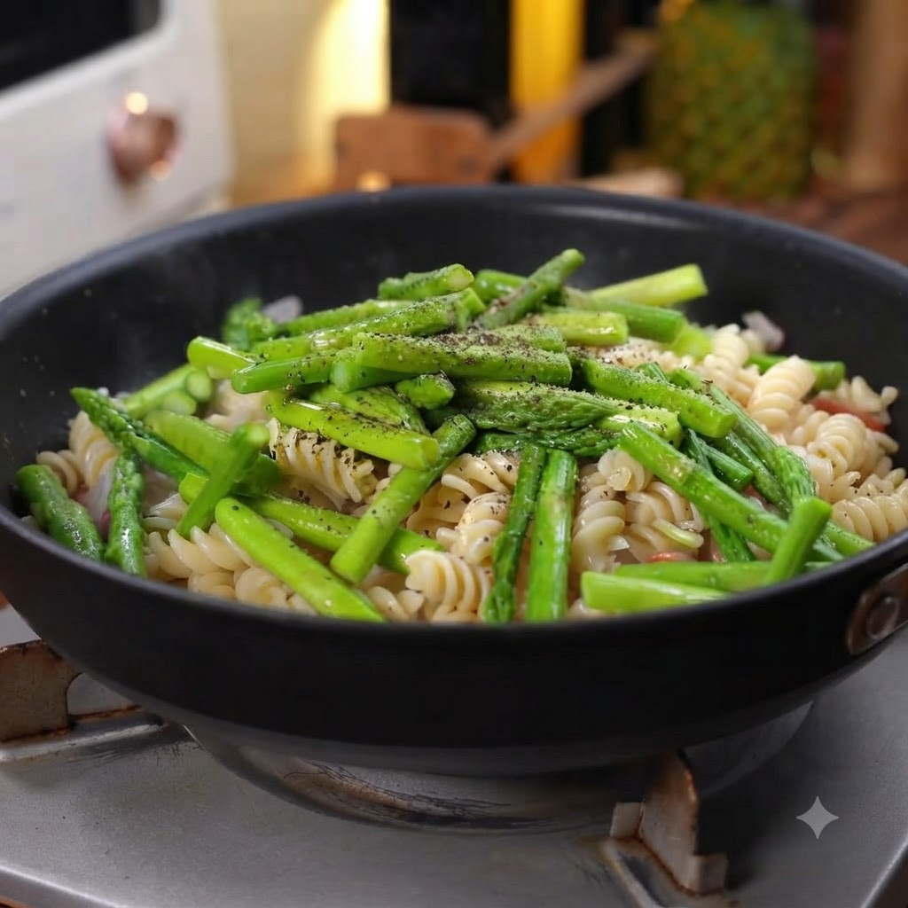 Fresh black pepper being freshly ground from a mill onto a skillet containing cooked pasta, green asparagus pieces, and bacon.