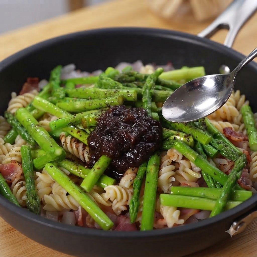 A metal spoon dropping thick dark black truffle sauce onto a skillet of cooked spiral pasta and green asparagus.