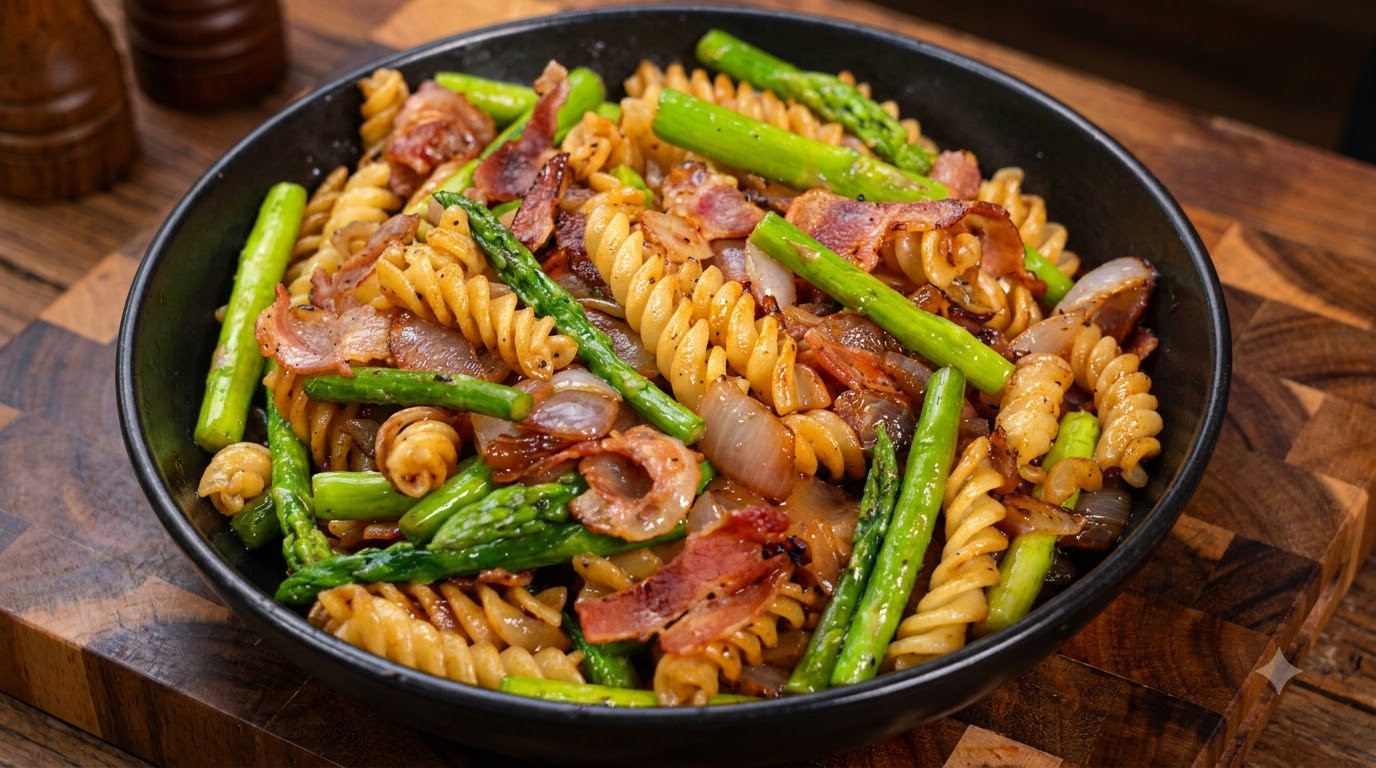 A skillet of warm spiral pasta tossed with crispy bacon, bright green asparagus, and black truffle sauce.