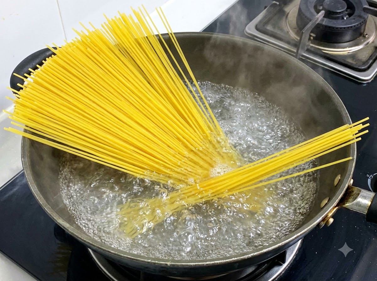 Long yellow spaghetti noodles boiling in a pot of bubbling hot water.