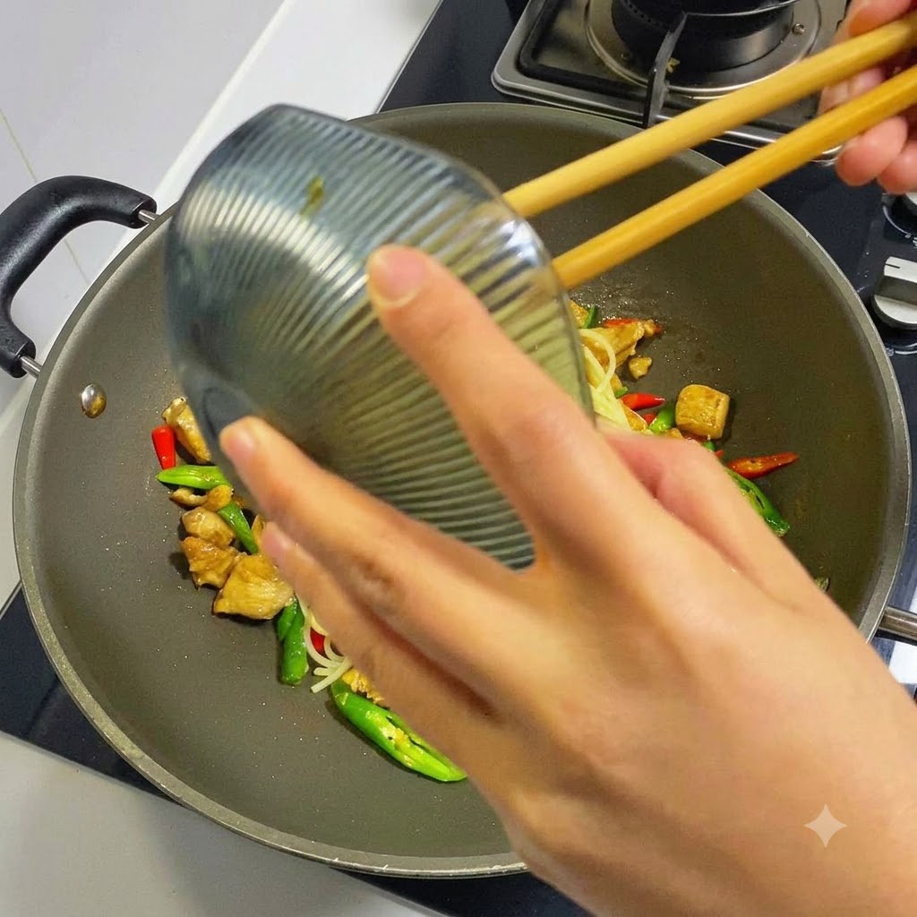 Hands pouring a dark savory sauce from a small bowl into a wok over spaghetti noodles and chicken.