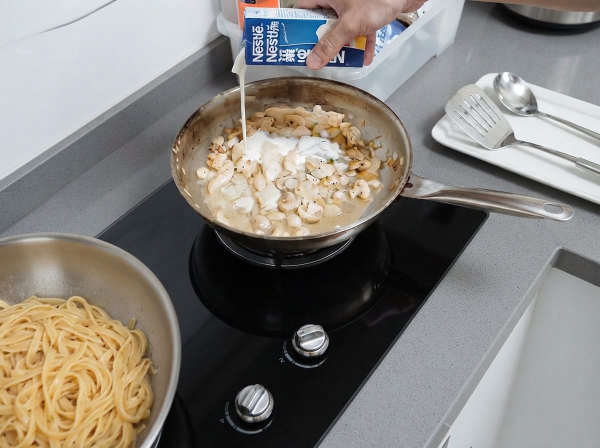 Heavy cream being poured from a carton into a pan with chicken and vegetables.