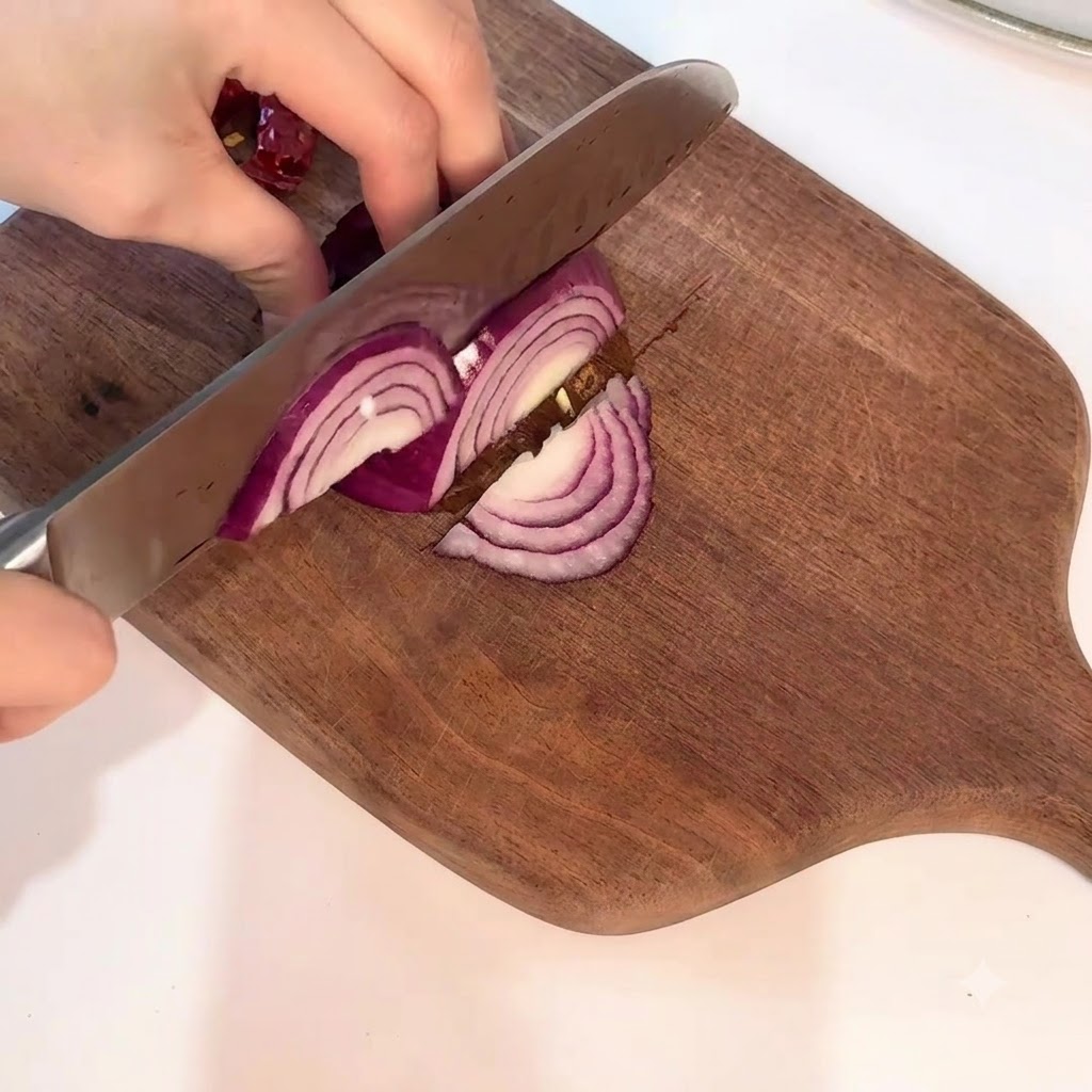 A red onion being carefully sliced with a knife into neat half-moon sections on a wooden board.