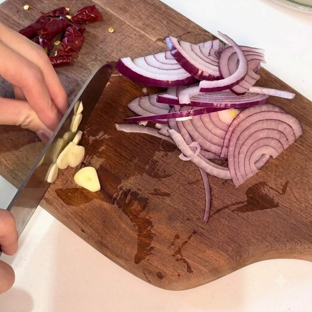 Peeled garlic cloves being sliced into thin pieces next to sliced red onions on a cutting board.