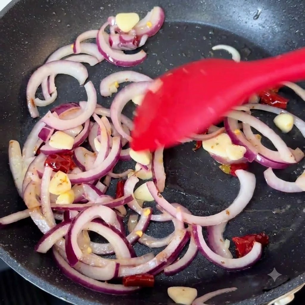 Sliced red onions, garlic, and dried chili peppers being tossed and stir-fried in a hot pan using a red silicone spatula.
