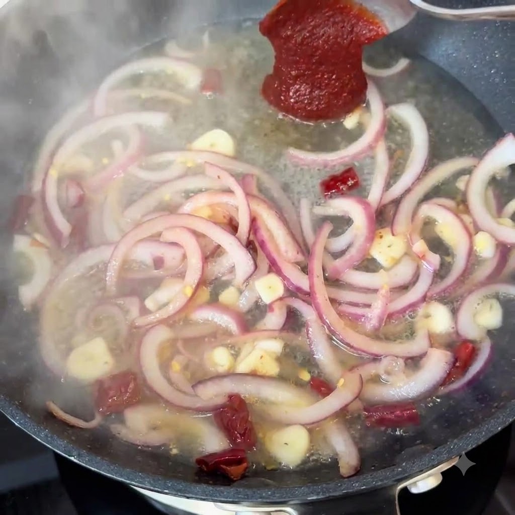 Korean spicy paste being spooned into a pan filled with water, sliced onions, and seasonings.