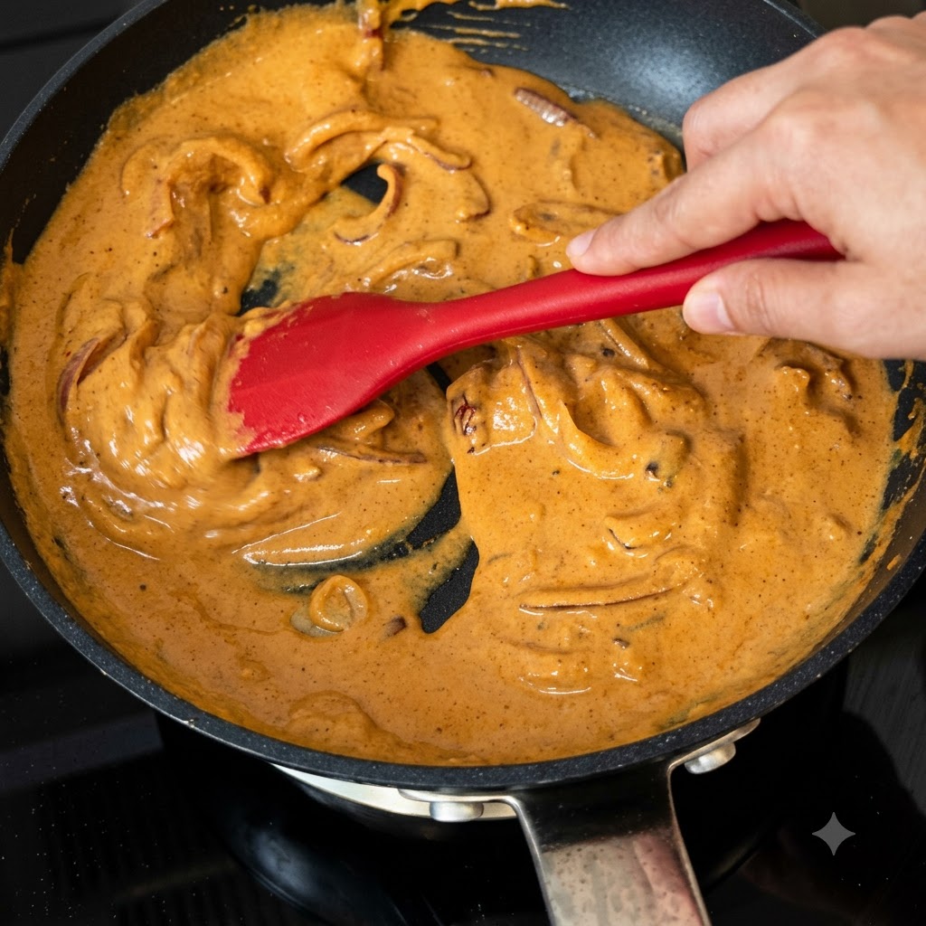 A red spatula stirring a smooth, rich orange curry cream sauce inside a frying pan.