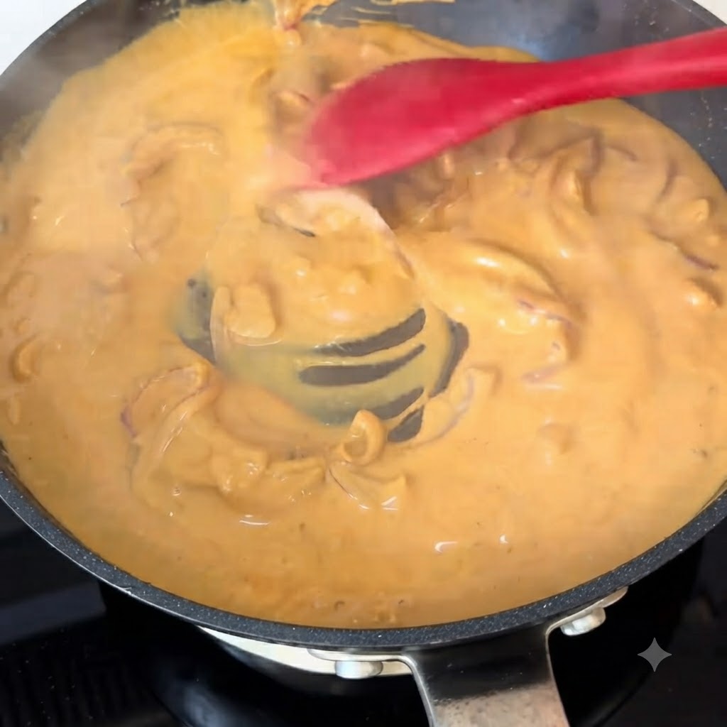 Cooked spaghetti pasta mixing into a thick, bubbling orange curry cream sauce inside a pan.