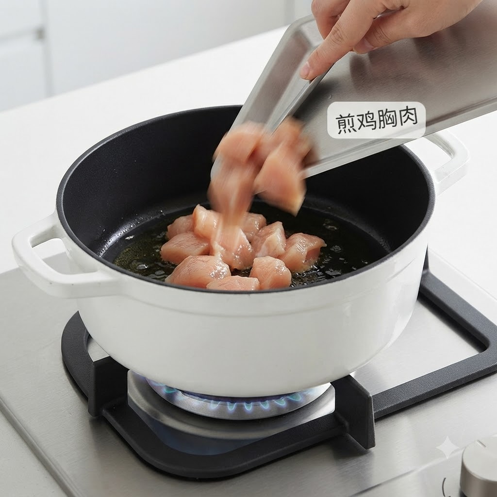 Diced chicken breast pieces sliding from a metal tray into a hot pot on a gas stove.