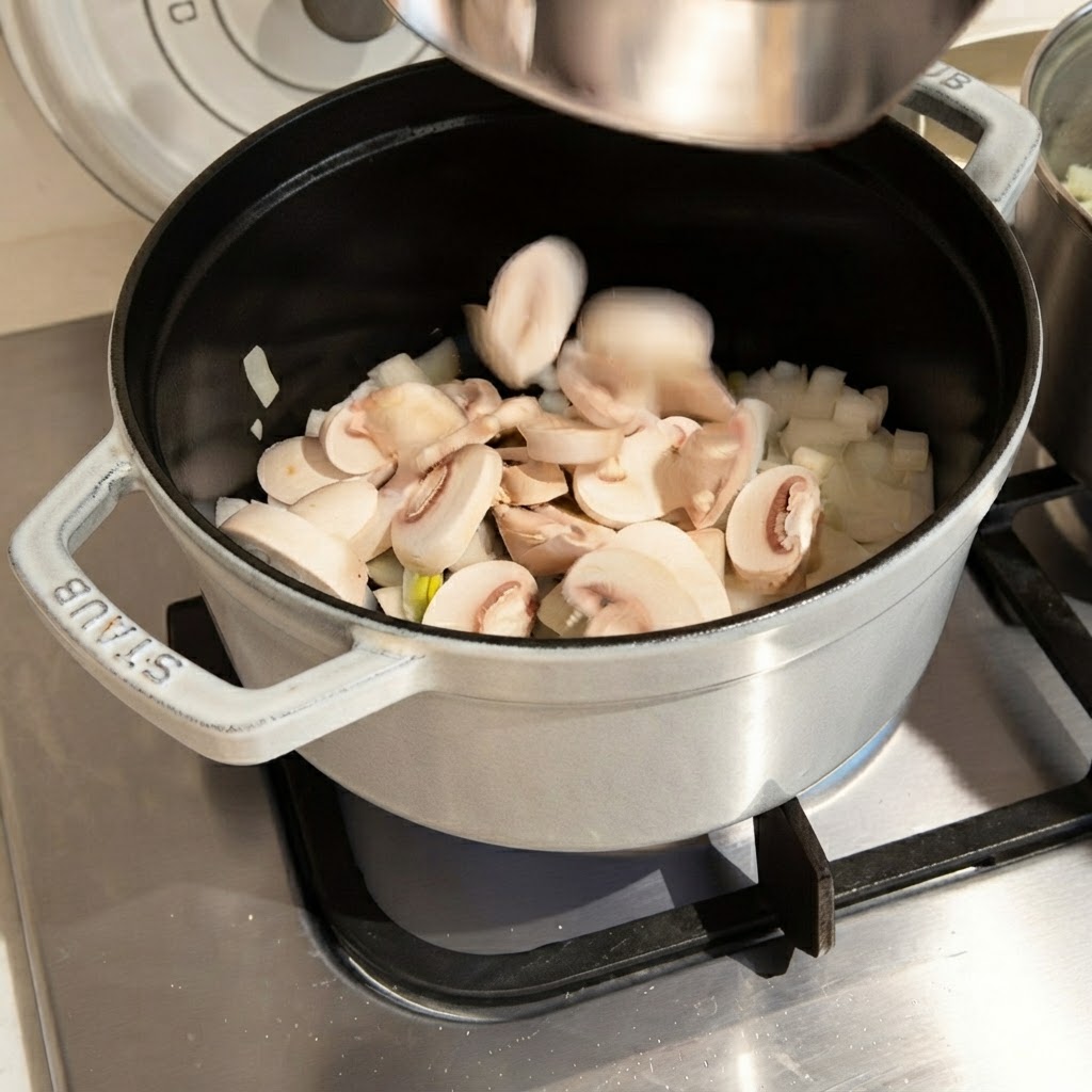 Freshly sliced mushrooms being dropped from a metal container into a cooking pot filled with onions.