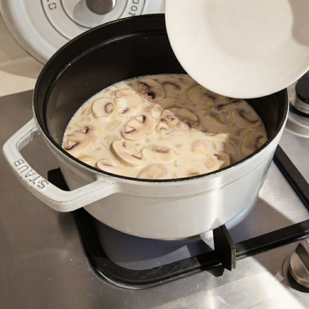 A creamy liquid mixture with mushroom slices filling a pot on a gas burner.