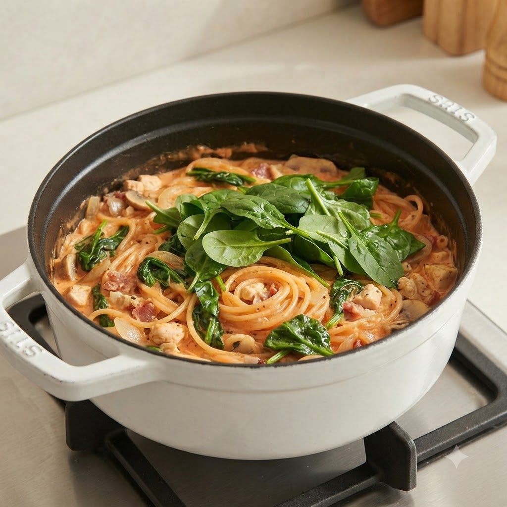 Fresh spinach leaves piled on top of creamy pasta with chicken and bacon in a white pot.