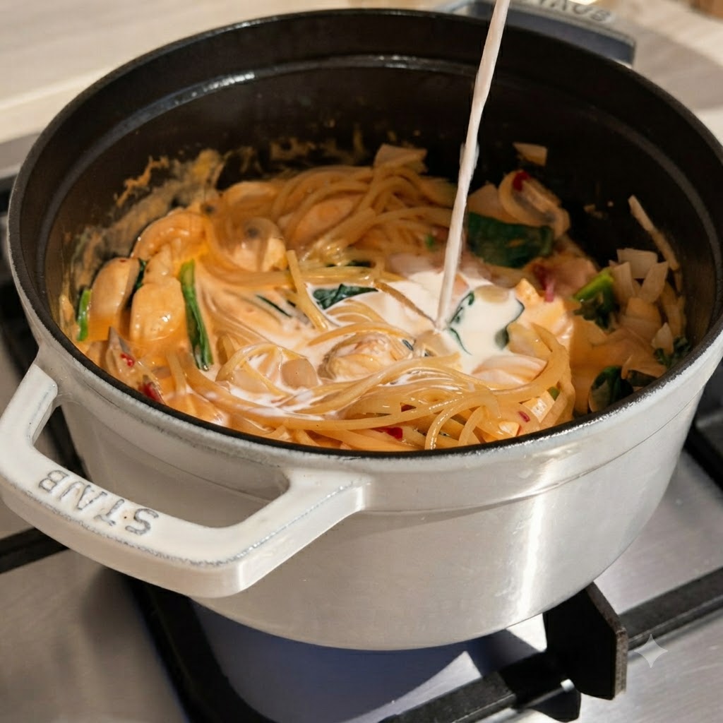 Liquid being poured from a spout into a pot of cooking pasta and sauce on a stove burner.