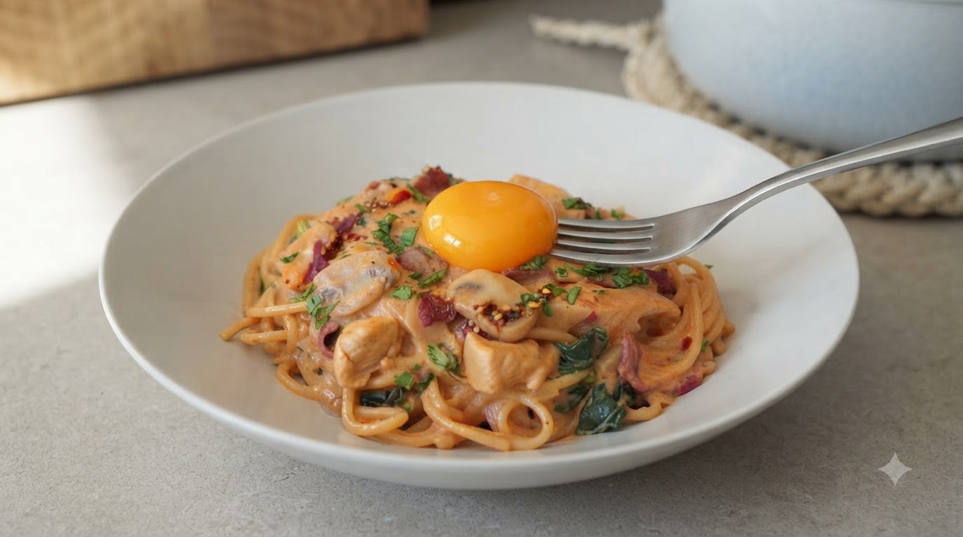 A creamy bowl of spicy chicken and bacon pasta topped with a rich raw egg yolk and fresh parsley