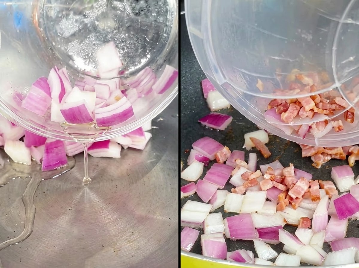 Chopped red onion and raw bacon being poured into a pan containing heated oil.