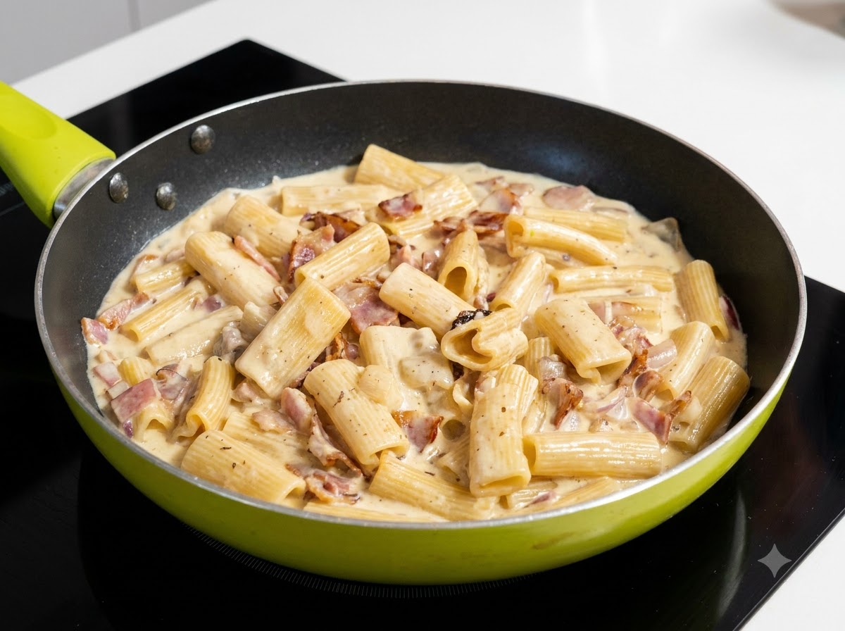 The pasta and cream sauce thoroughly mixed with truffle paste, showing a speckled beige color in a pan.