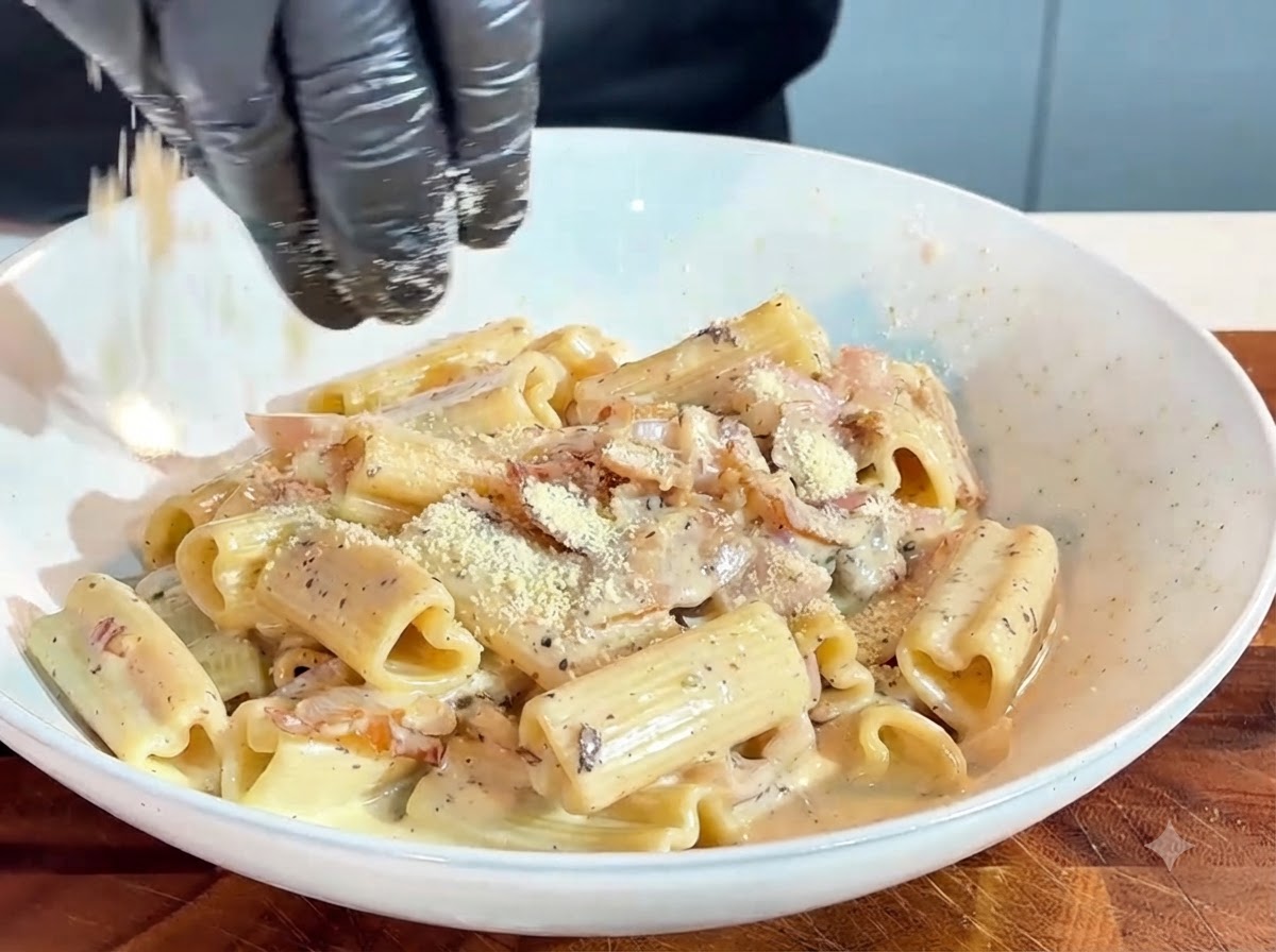 Grated cheese powder being sprinkled from above onto a bowl of plated pasta.