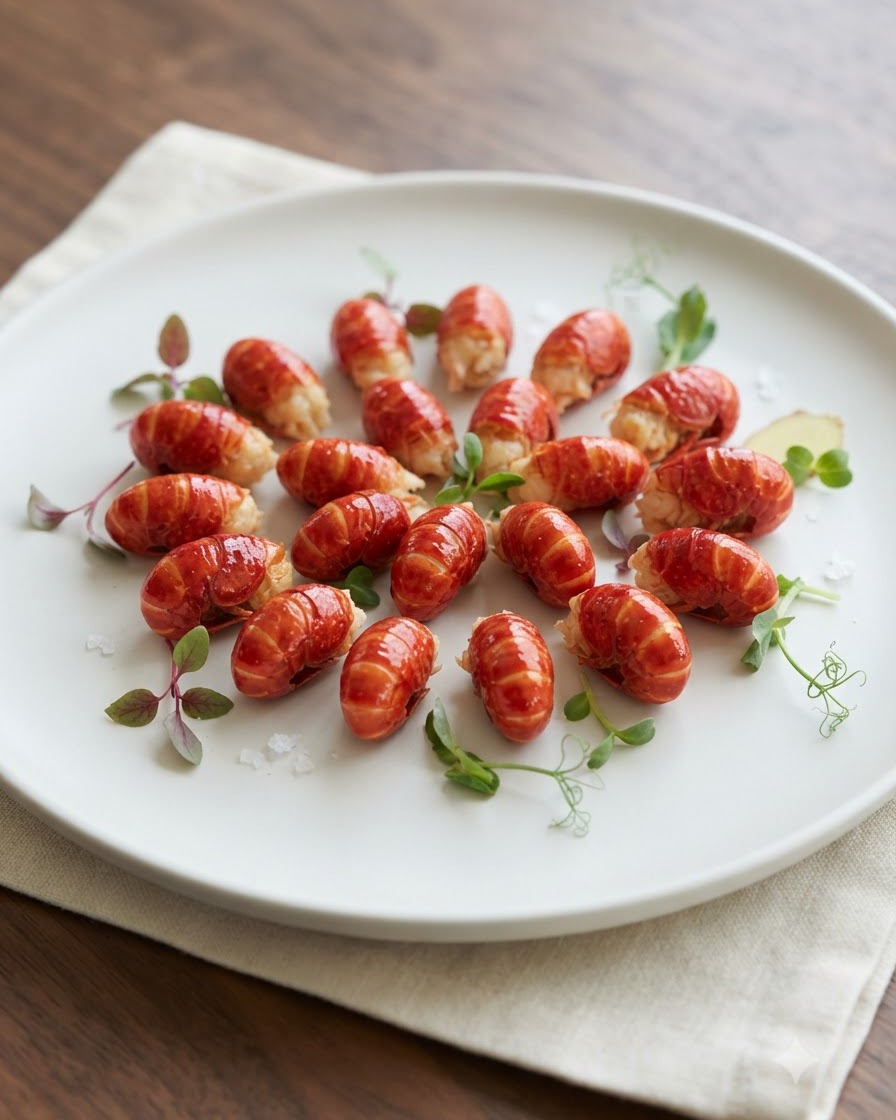 A white plate arranged with neatly shelled red crawfish tails and green herb garnishes.