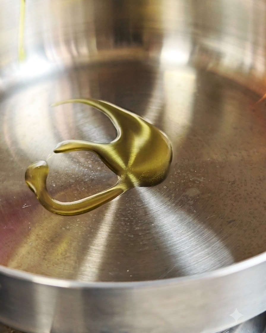 Olive oil pooling in a stainless steel pan with bits of minced garlic.