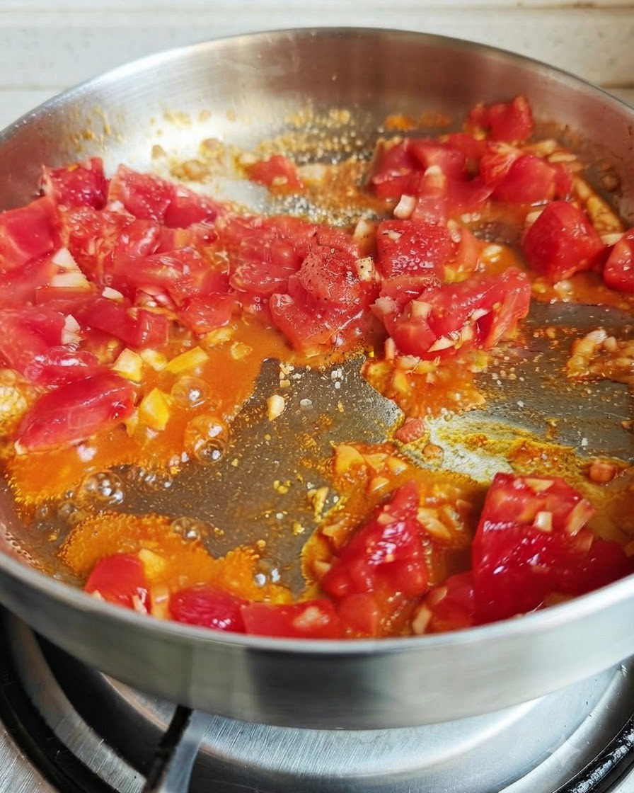 Tomatoes cooking in a pan with sprinkled seasonings like salt, pepper, and soy sauce.