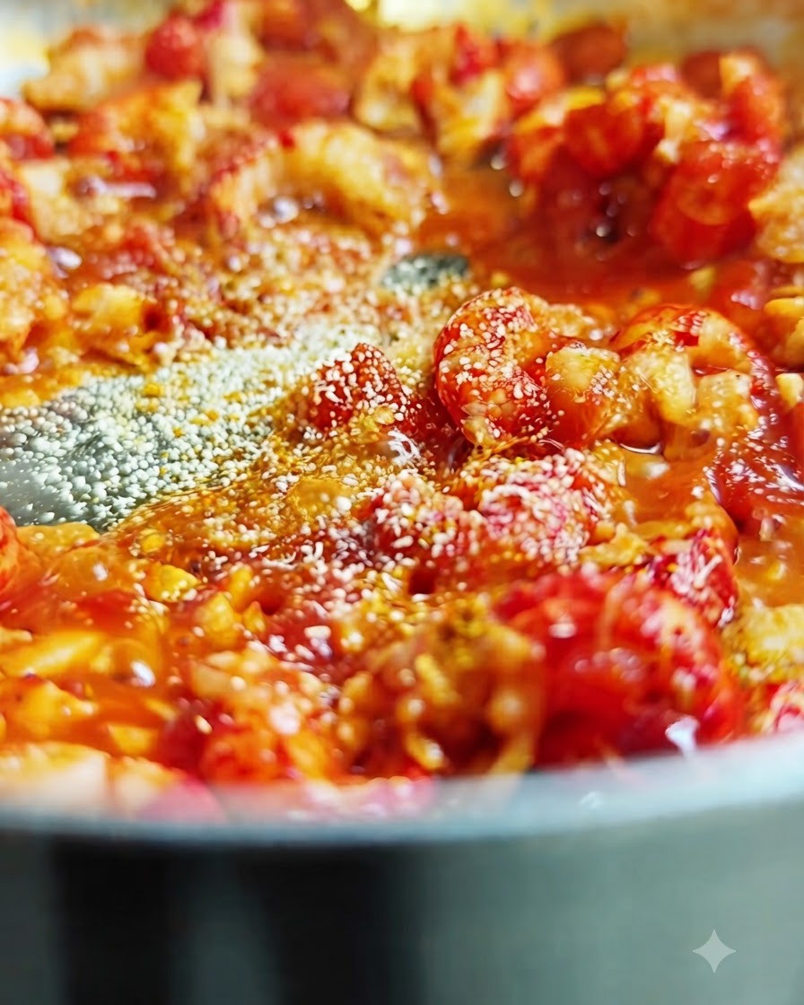 Fine cheese powder falling and scattering over the bubbling sauce and crawfish in the pan.