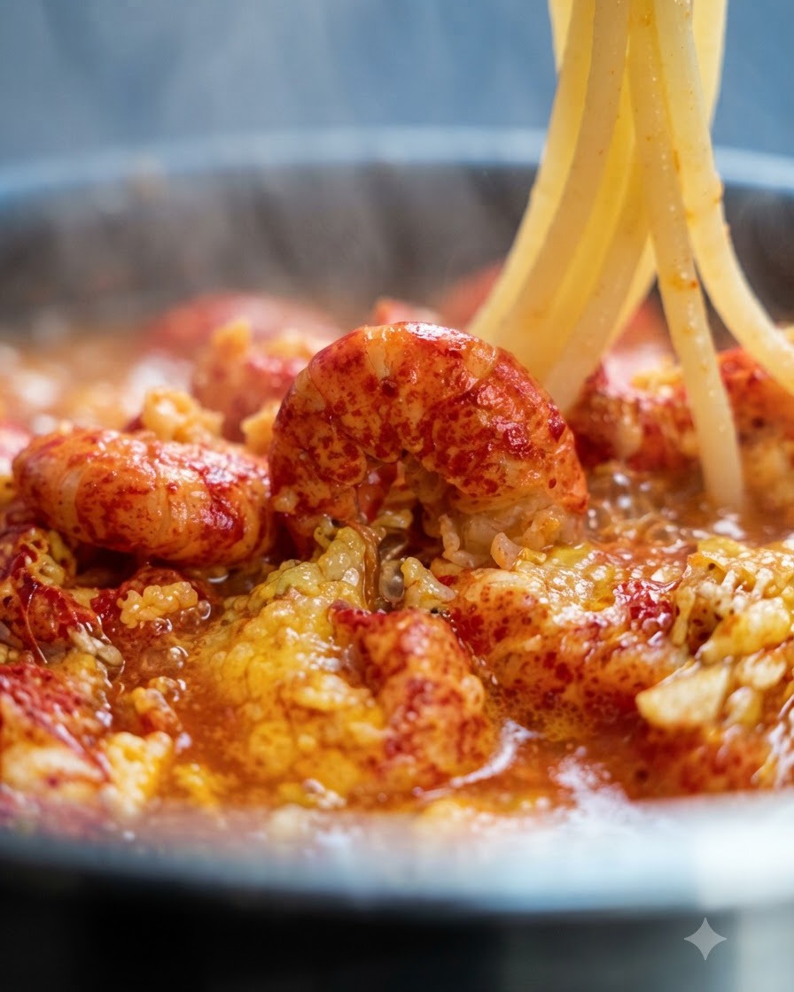 Long strands of cooked spaghetti being lifted and added into the pan with crawfish sauce.