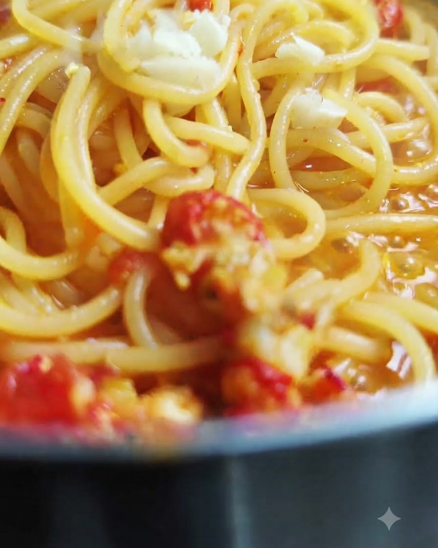 Fresh minced garlic pieces sprinkled on top of the cooked spaghetti tossed in sauce.